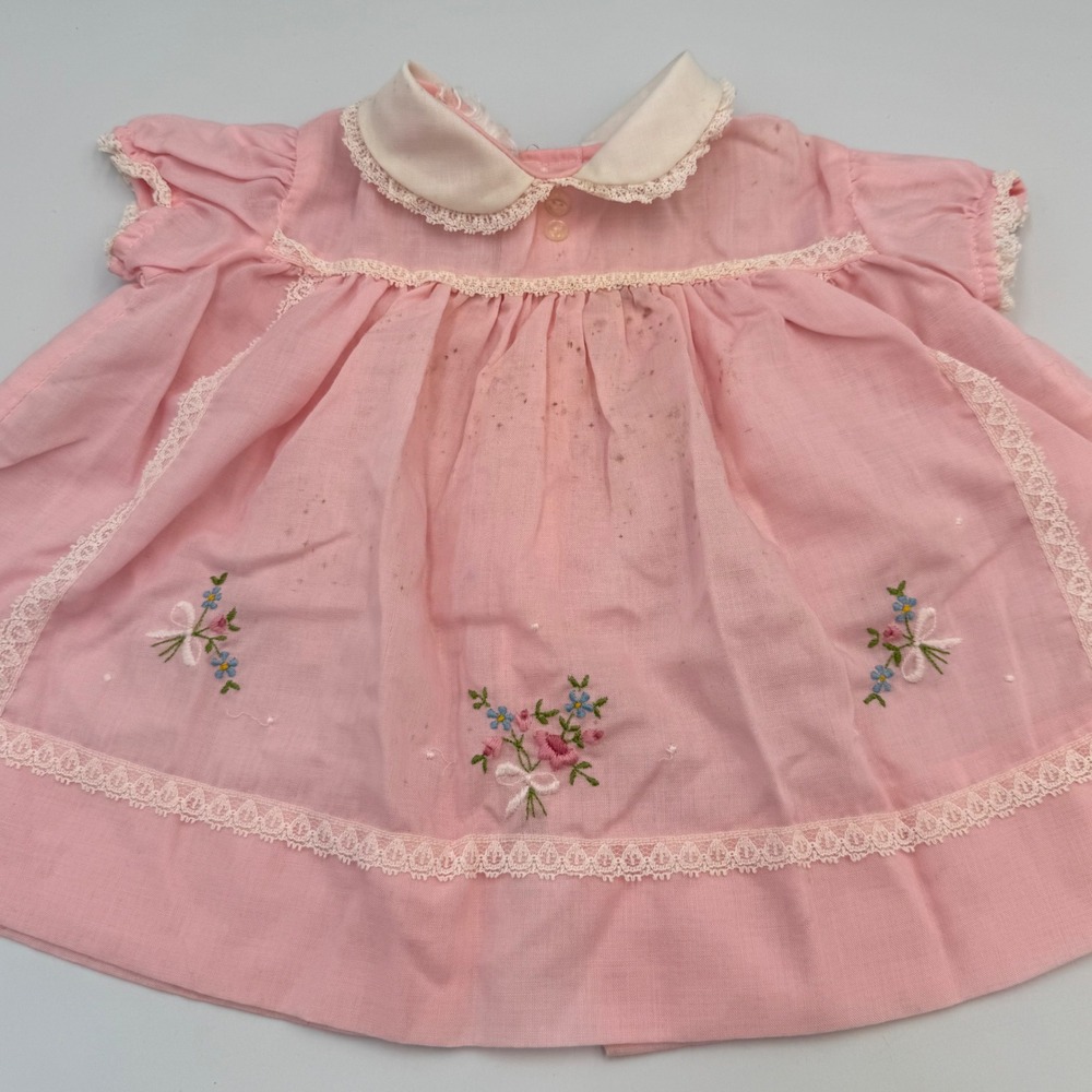 Vtg 60s Baby Togs Pink Dress |Lace Collar & Floral Embroidery| 6-12 mo/Baby Doll - Picture 3 of 8